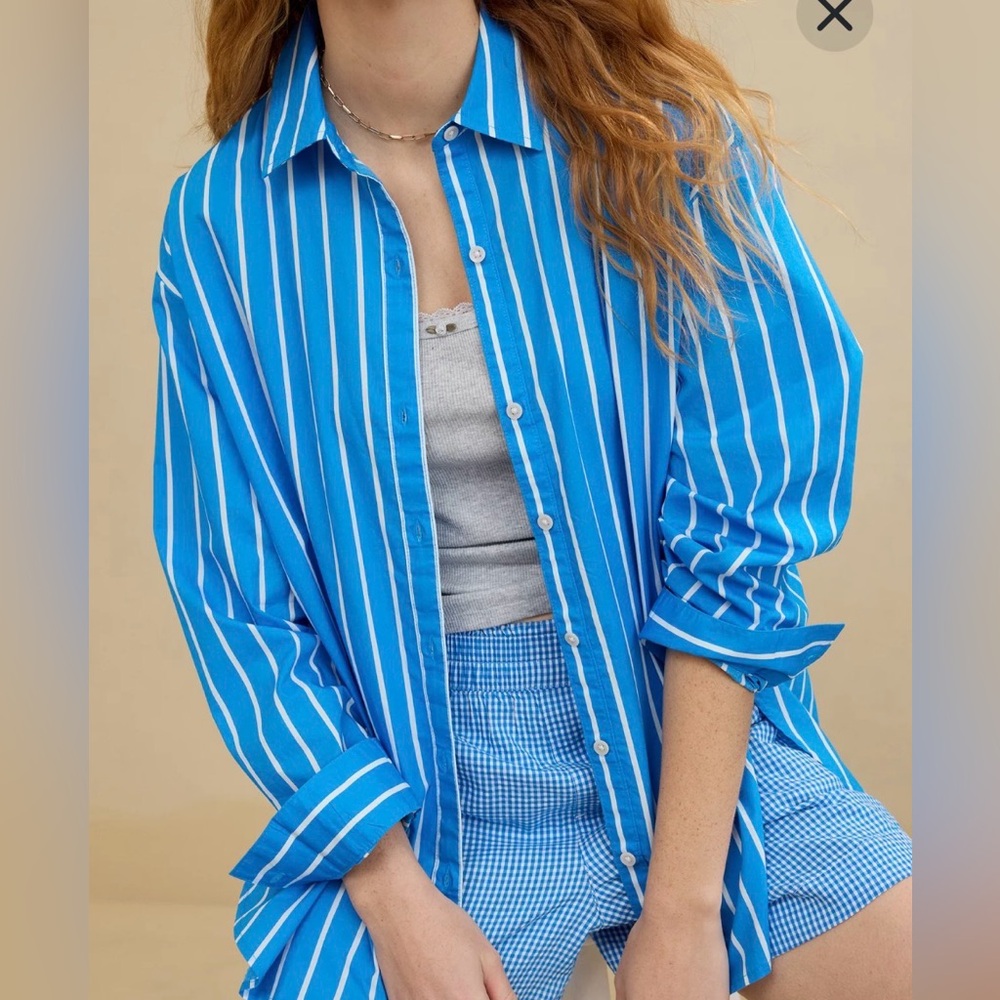 NWT Aerie Good Day Button Down Shirt Large Striped Cotton Poplin Oversized Boxy - Picture 9 of 9